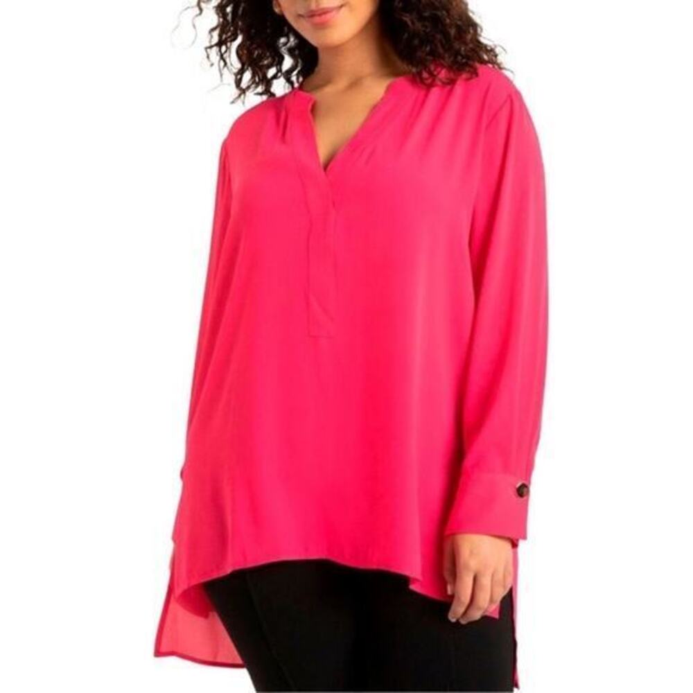 Eloquii Hot Pink Long Sleeve V Neck Mandarin Collar Tunic Blouse plus size 22